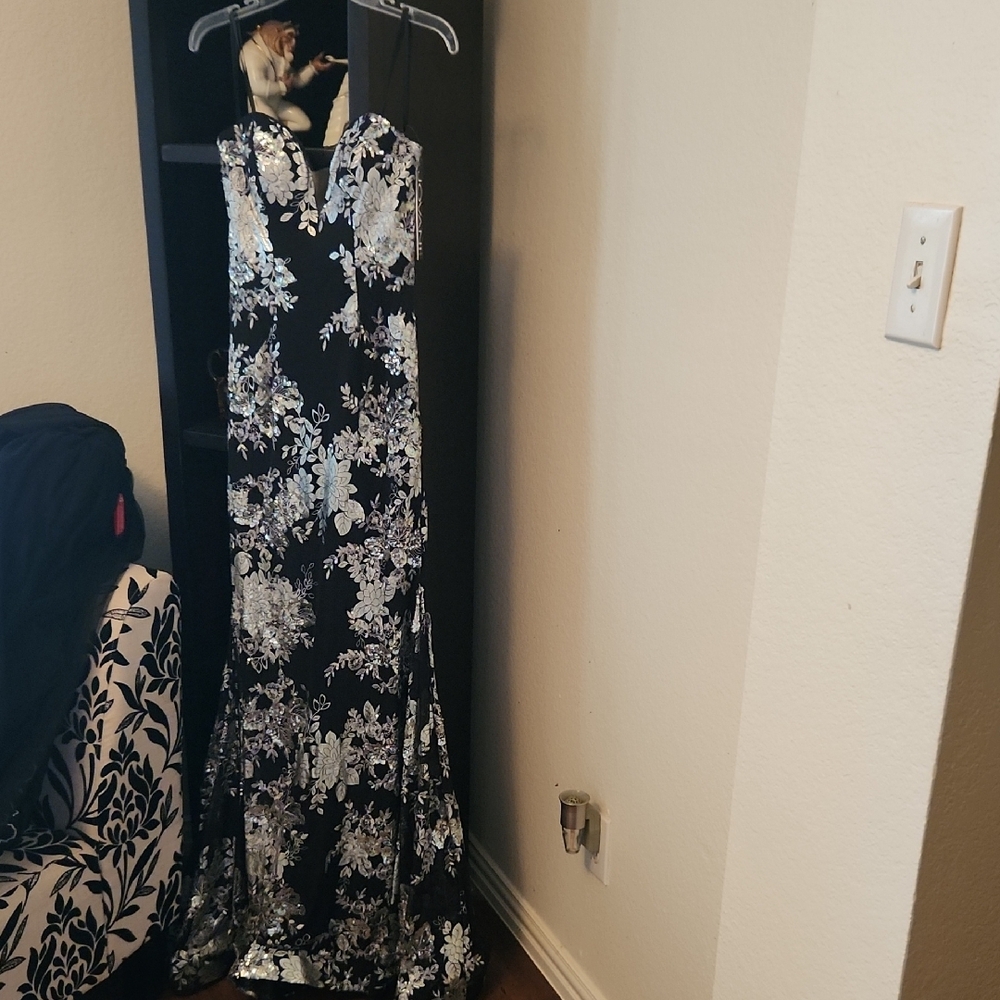 Jovani Black and Silver Designer Gown